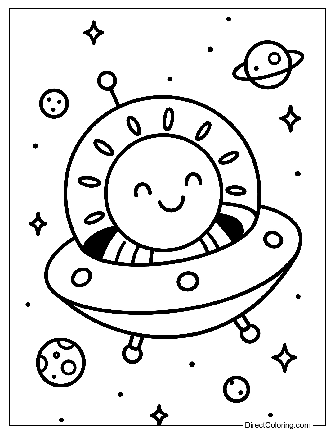 coloring page of the Sun driving a small spaceship in space, strange cartoon style